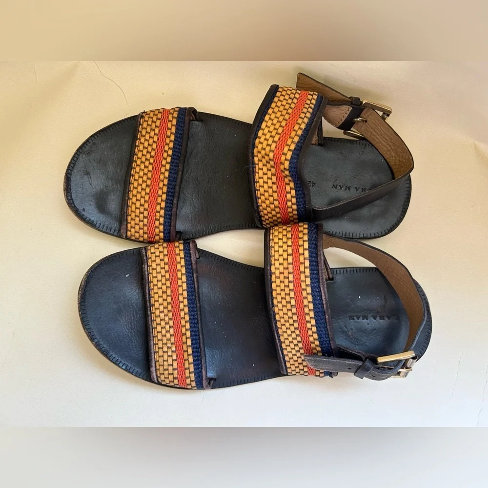 Zara Black Leather Sandals with Tan, Red & Blue Woven Straps